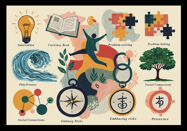 Collage representing 9 signs of a youthful mental age.