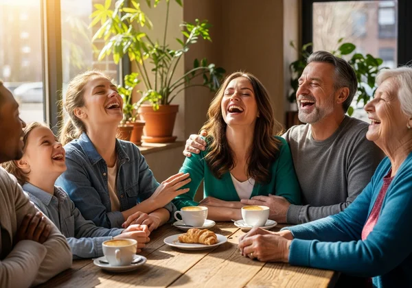 Diverse group interacting, showing mental age connections
