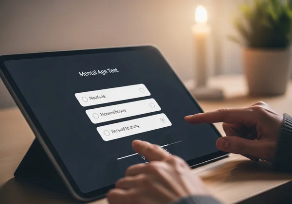 A person interacting with a mental age test interface