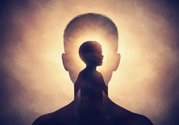Whimsical person with visible inner older/younger self.