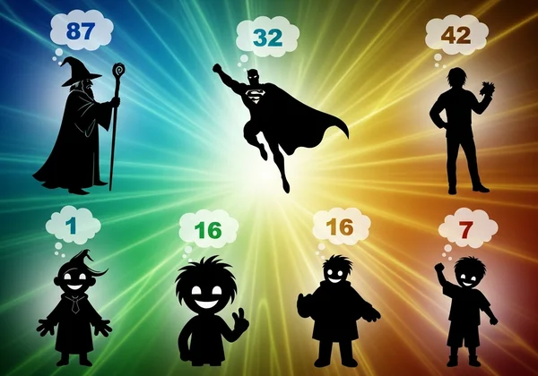 شخصيات خيالية متنوعة مع فقاعات فكرية تظهر أرقامًا