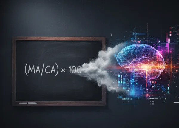 Chalkboard filled with complex psychological formulas fading into a modern glowing digital graph